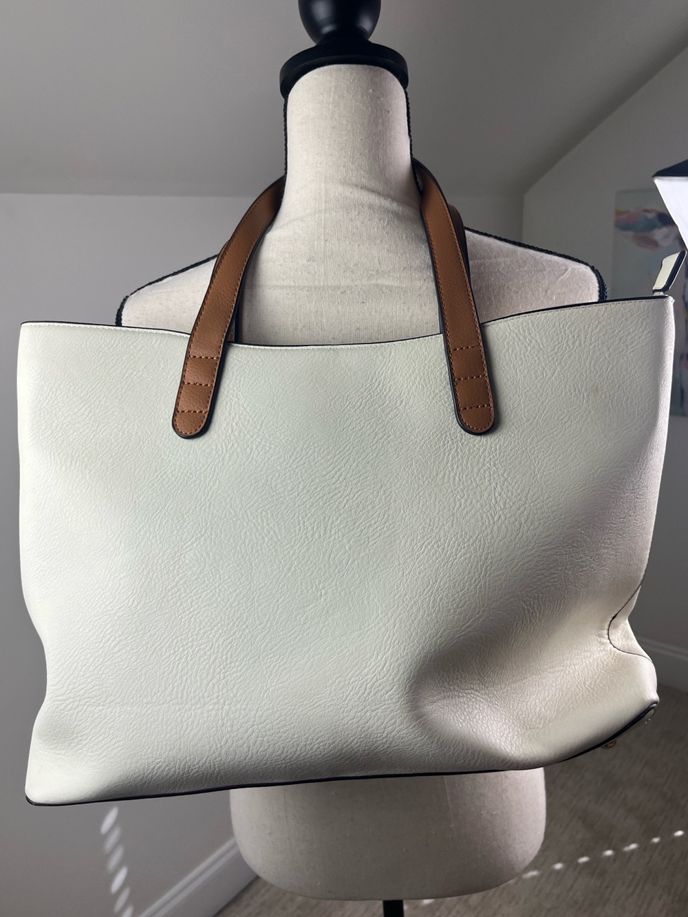 White Faux Leather Tote Bag Tan Handles Large Work Shoulder Bag Minimalist